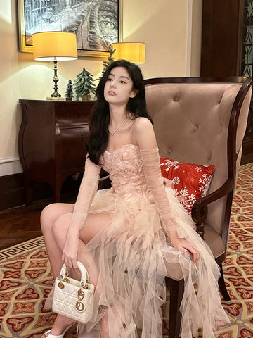 Niulatu High Low Spaghetti Straps Tulle Pink Floral Ankle Length Evening Dress Prom Dresses SD2838